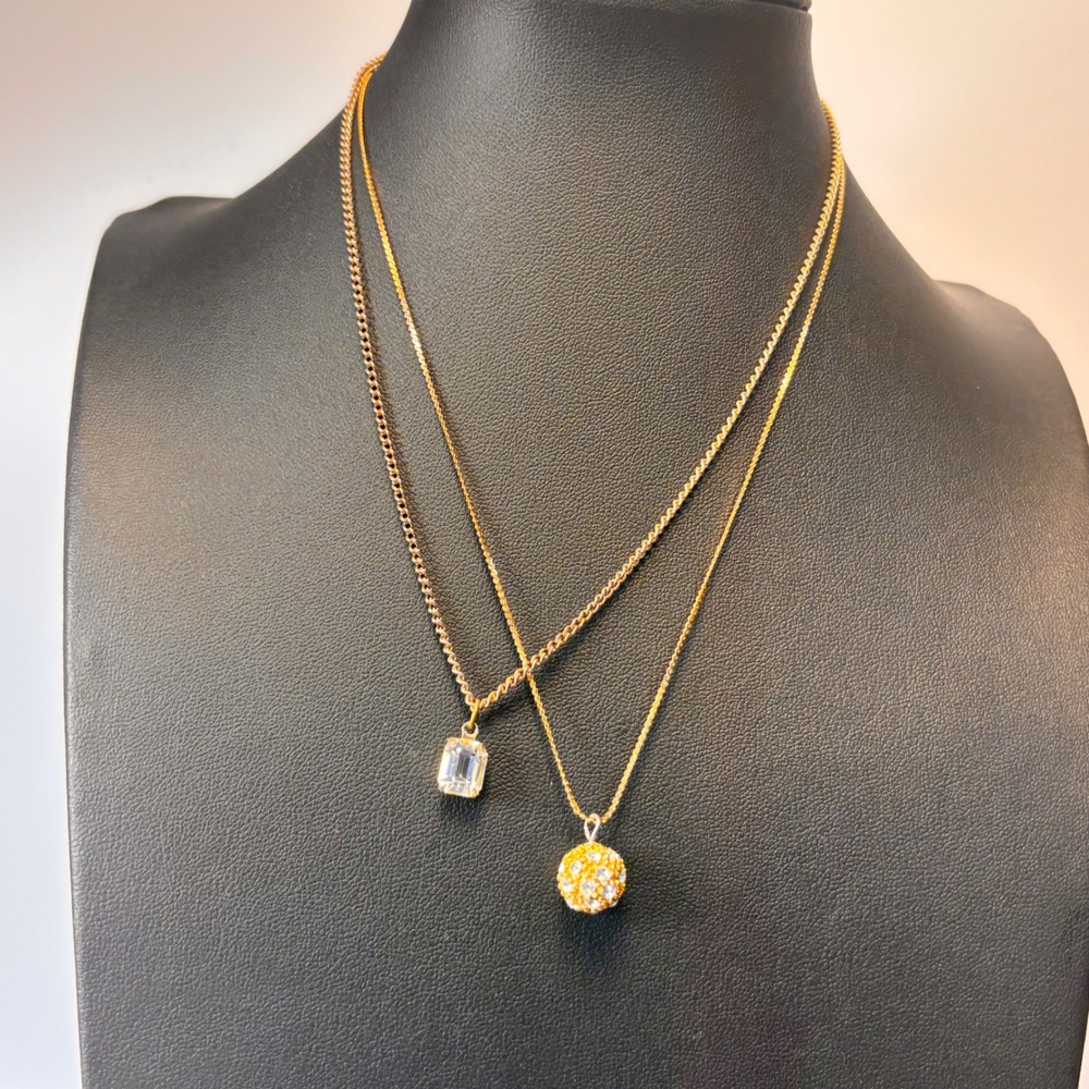 Vintage Necklace Set Gold Tone Crystal Emerald Cut Disco Ball Boho 90s